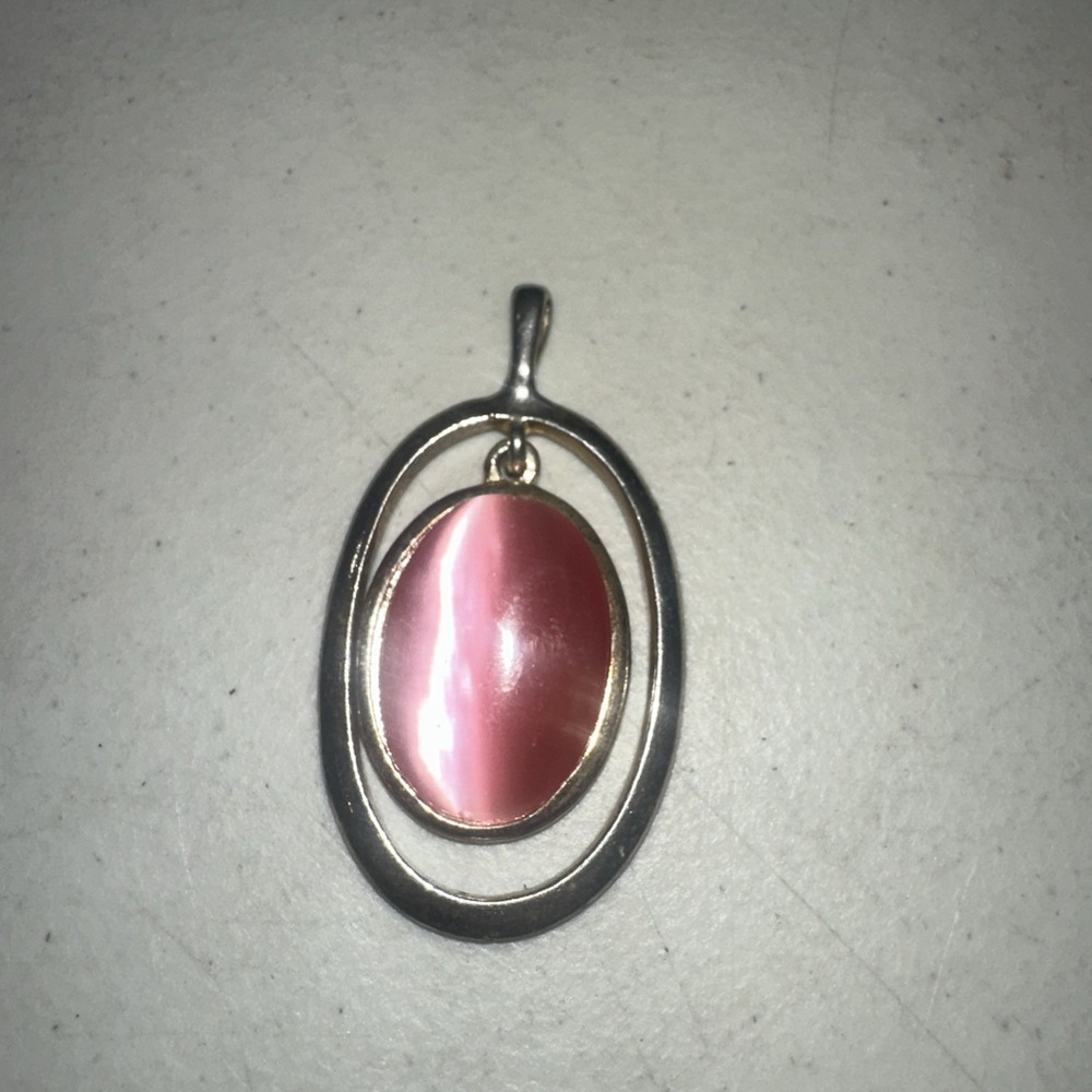 Vintage Pink Cat Eye Glass Silver Pendant Floating Necklace 1-1/8 Inch